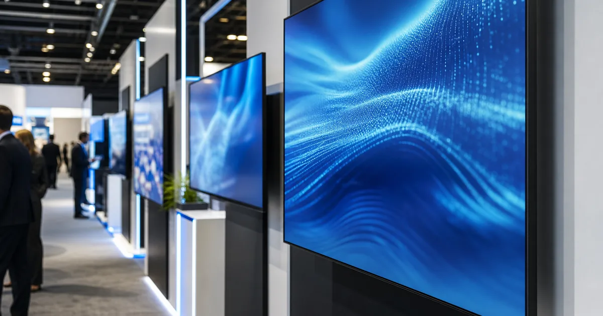 Enterprise buyers evaluating an AI vendor demo station at a technology trade show floor