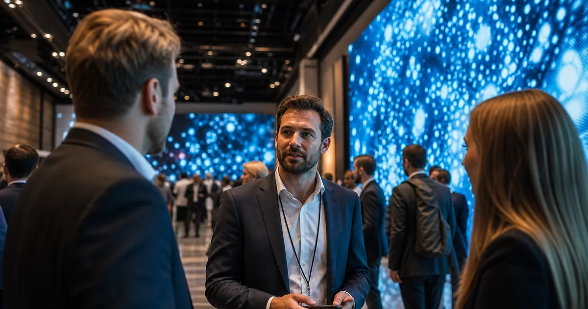AI vendor booth staff running a live model demonstration for enterprise data center buyers