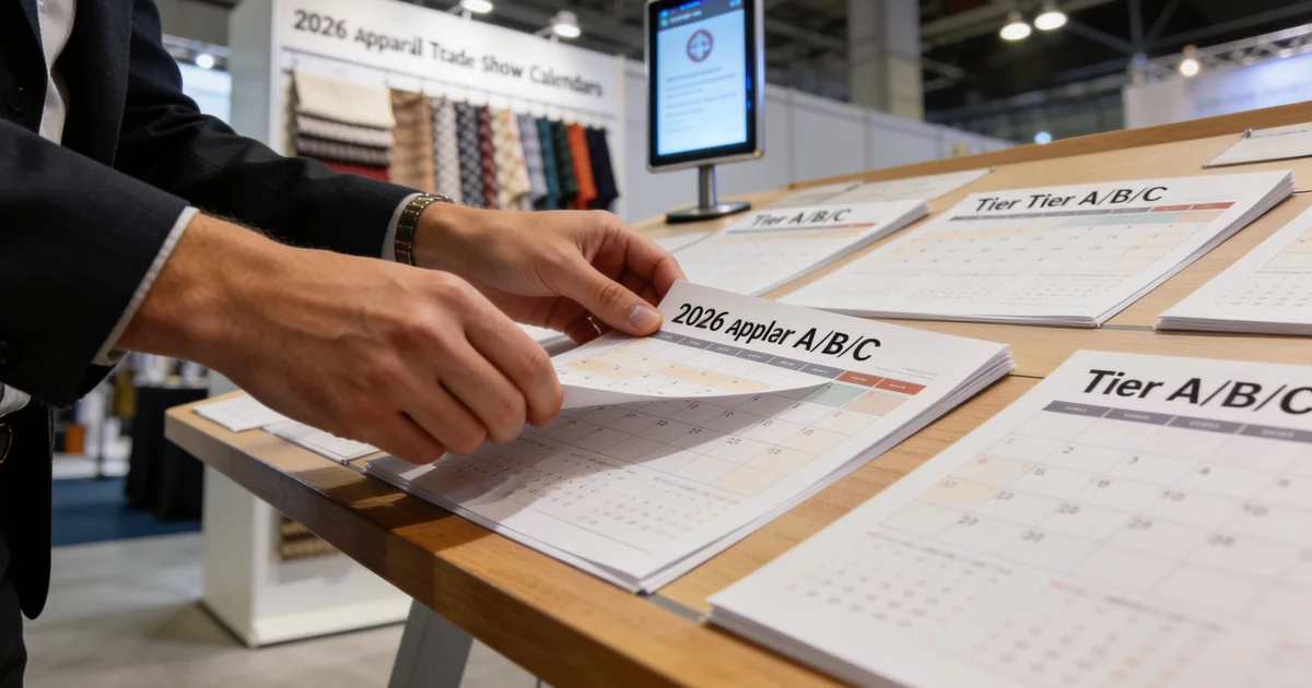 Apparel wholesale trade show booth with fashion samples on racks and buyers reviewing lookbooks