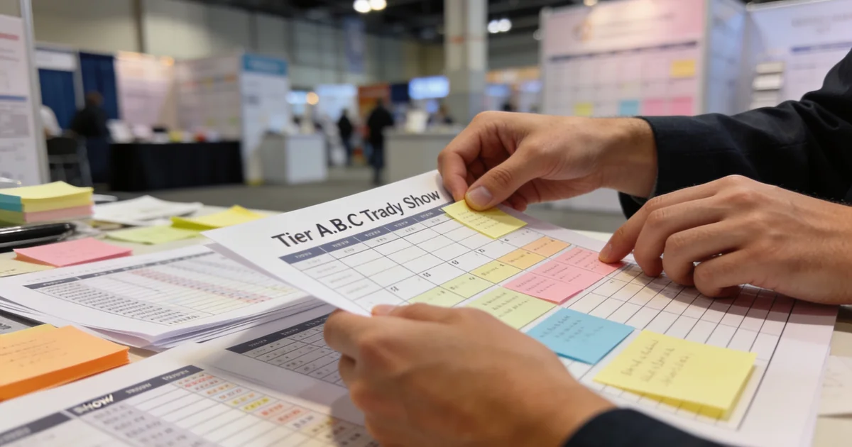 Fabric and textile sourcing booth with swatch books and buyers comparing materials at an apparel trade fair