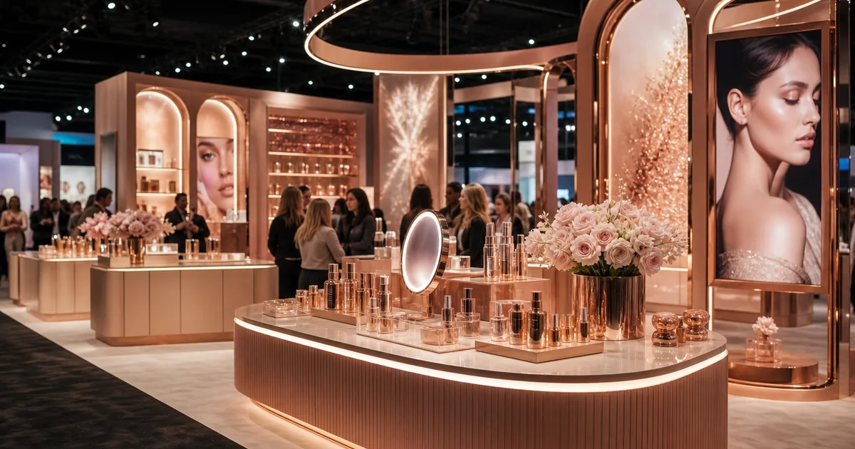 Beauty trade show booth in Las Vegas with cosmetics displays, lighted mirrors, and product testers for buyers