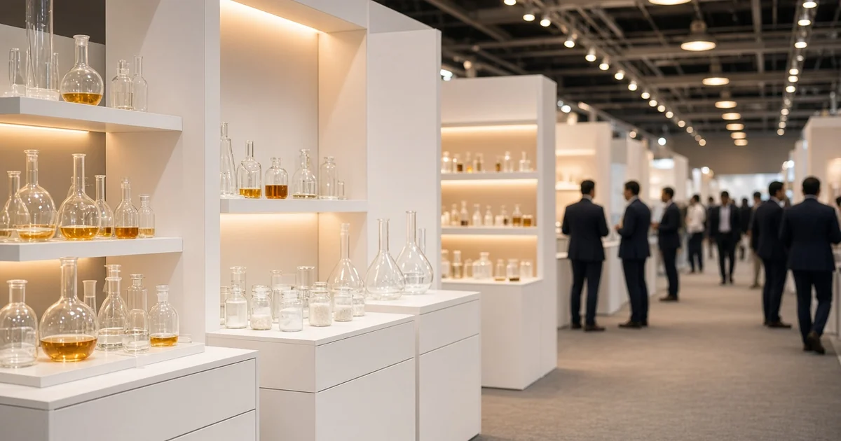 Pharmaceutical ingredients trade show booth with API samples and CDMO meetings in a New Delhi exhibit hall