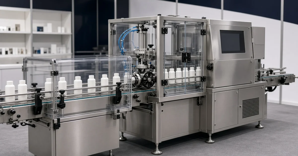 Pharma packaging and machinery exhibitor discussing line equipment with buyers at CPHI India