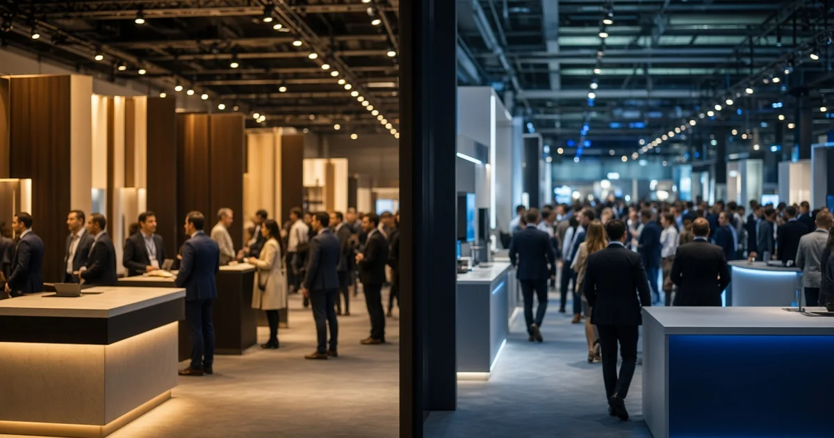 Payments and fintech exhibitors meeting commercial buyers at a Las Vegas conference exhibit hall