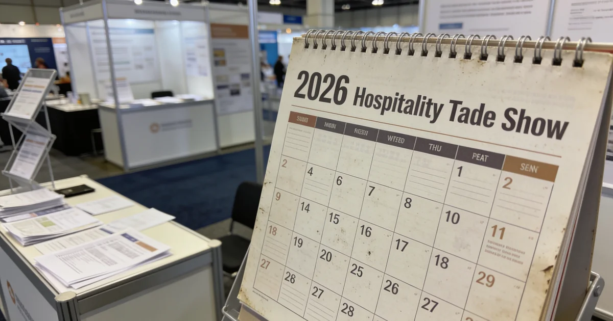 Hospitality trade show floor with hotel FF&E displays, restaurant equipment demos, and foodservice buyers walking the aisle