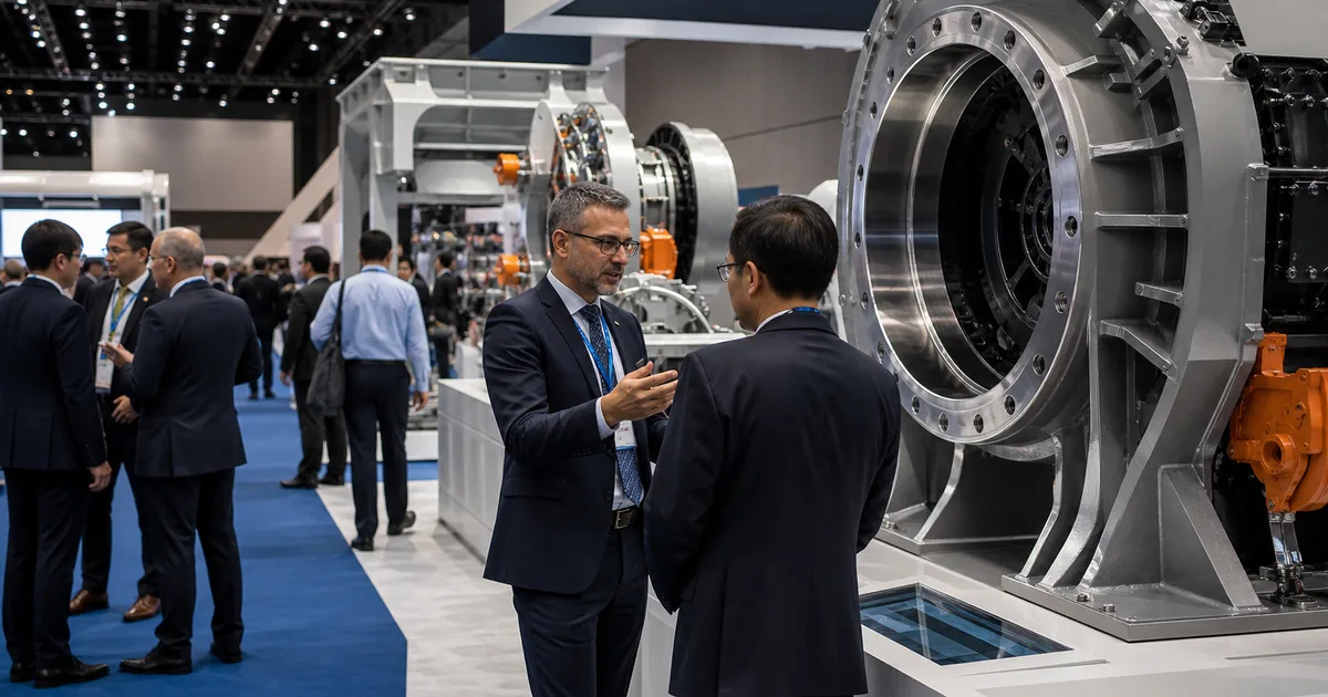 Plant-floor equipment exhibitor demonstrating automation machinery to industrial buyers at a trade show booth