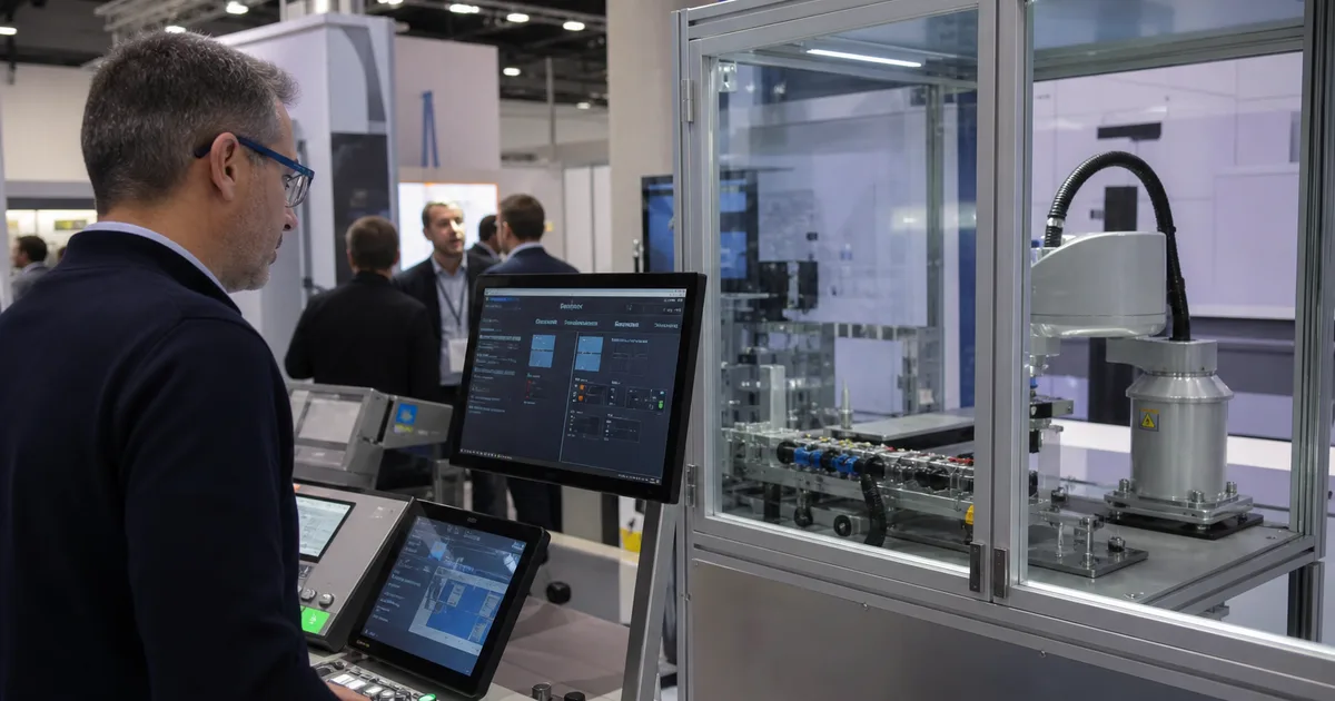 Packaging machinery supplier meeting procurement buyers at an industrial trade show booth display