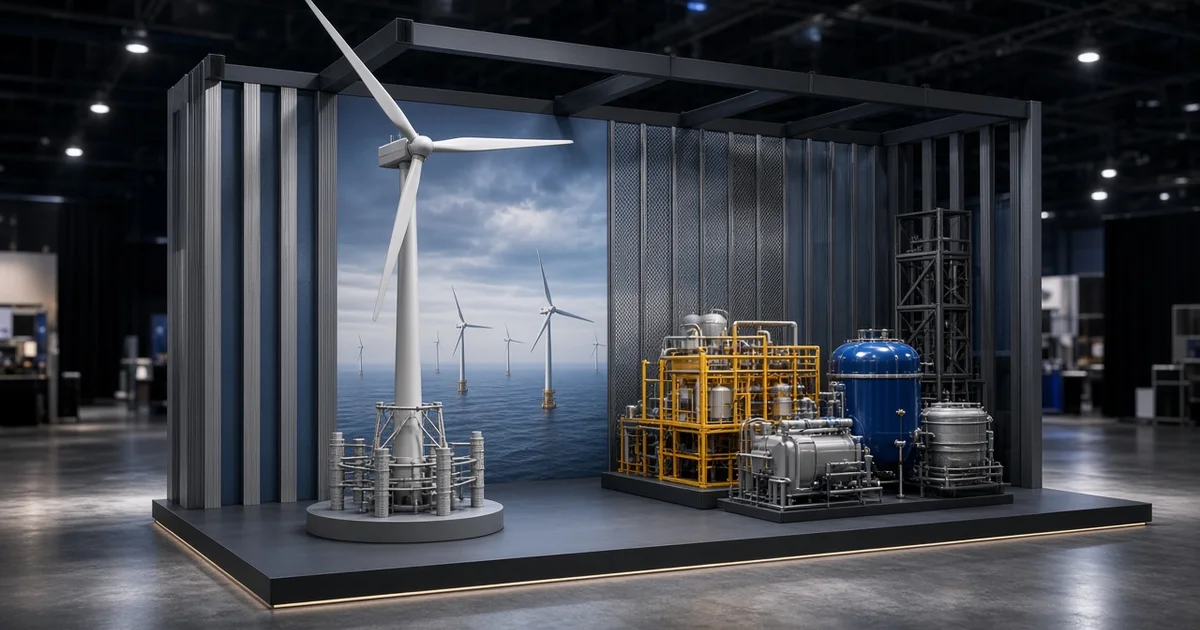 Offshore energy exhibition booth with wind, oil, gas, and hydrogen exhibitors meeting European buyers