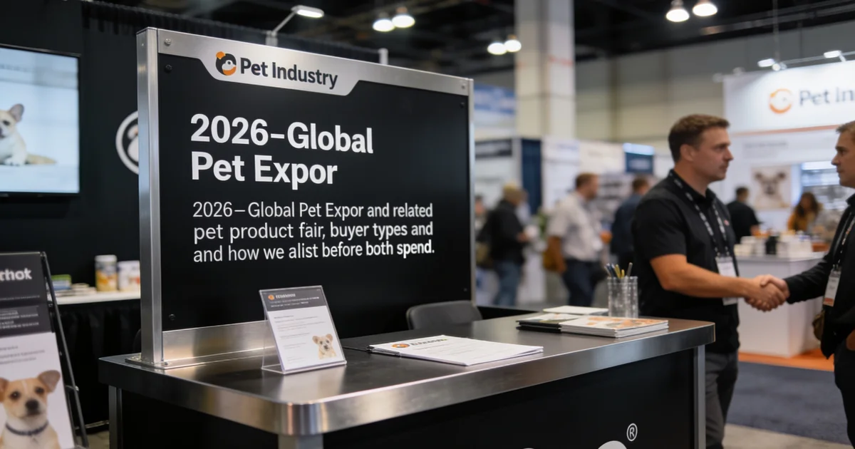 Pet industry trade show aisle with pet product booths, retail buyers, and packaged treat samples on display