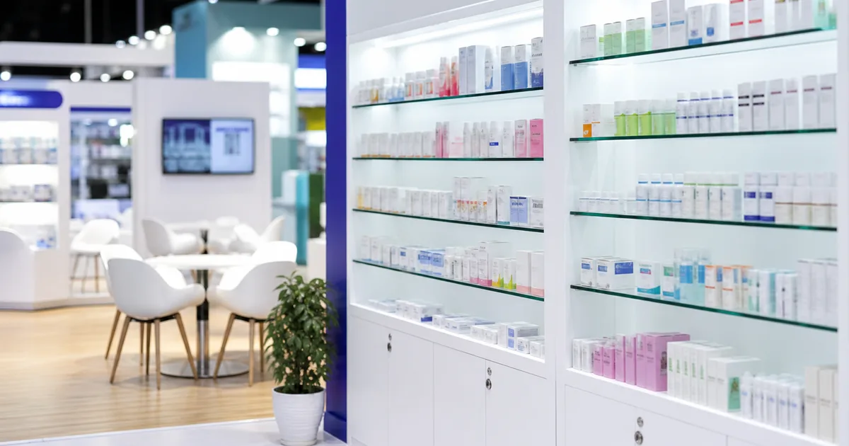 Pharmaceutical trade show exhibit hall with CDMO and API supplier booths and lab equipment on display