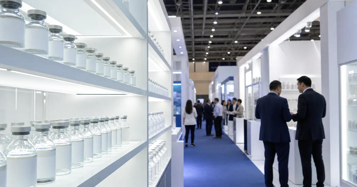Pharma packaging and serialization vendor demonstrating finished-dose line equipment to buyers at a trade show booth