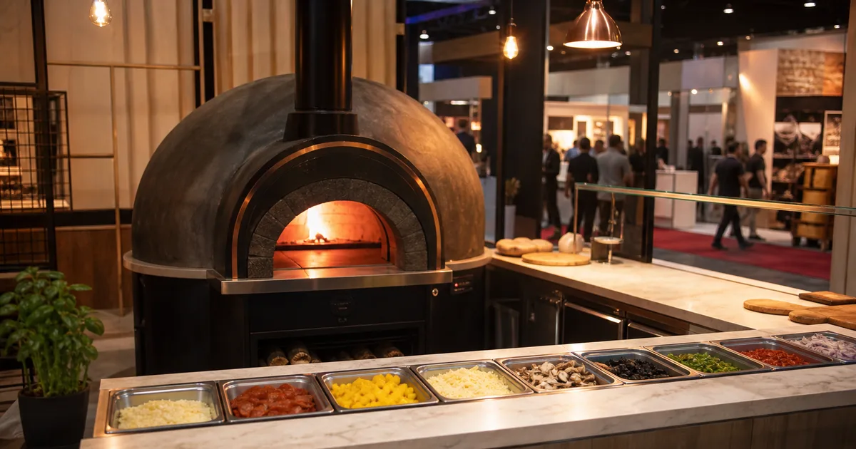 Pizza trade show floor with oven manufacturers, cheese suppliers, and pizzeria operators sampling ingredients