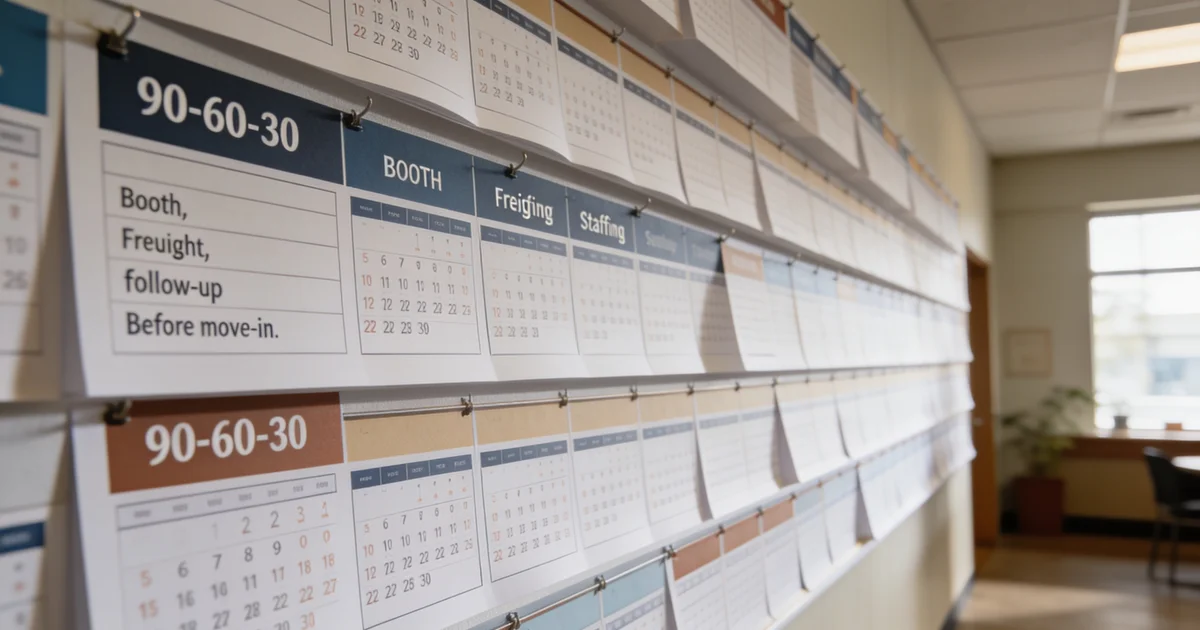 Exhibitor planning timeline whiteboard with 90 60 30 day milestones before trade show move-in