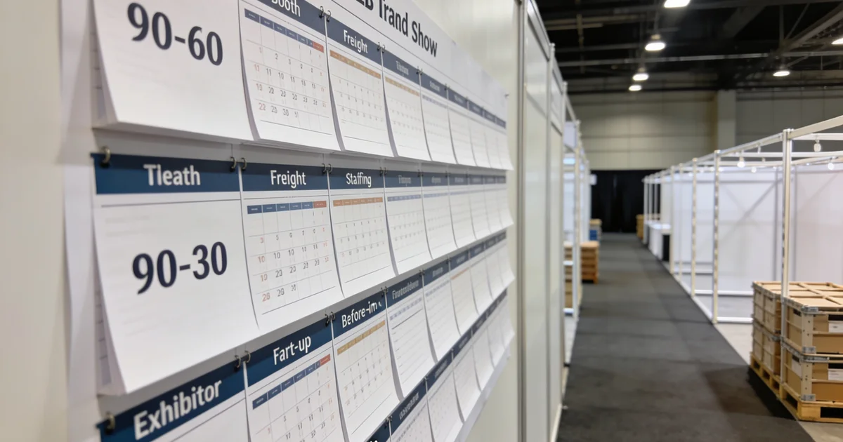 Trade show booth staff rehearsing demo script with crates and banner stand in a warehouse
