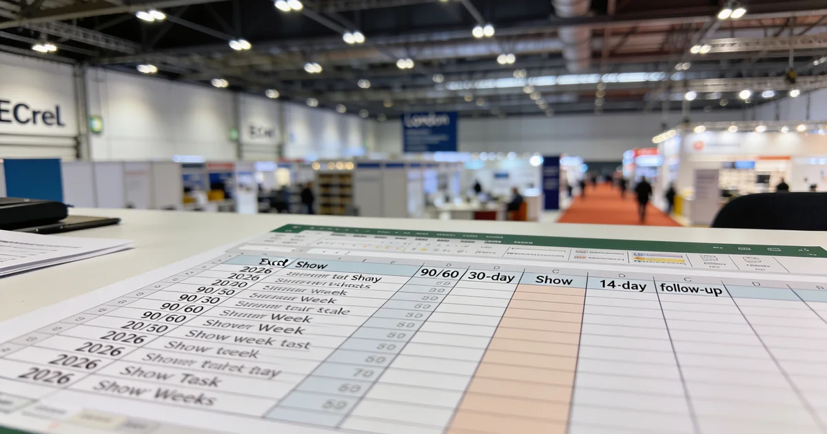 Trade show checklist template spreadsheet with phase, task, owner, due date, and status columns
