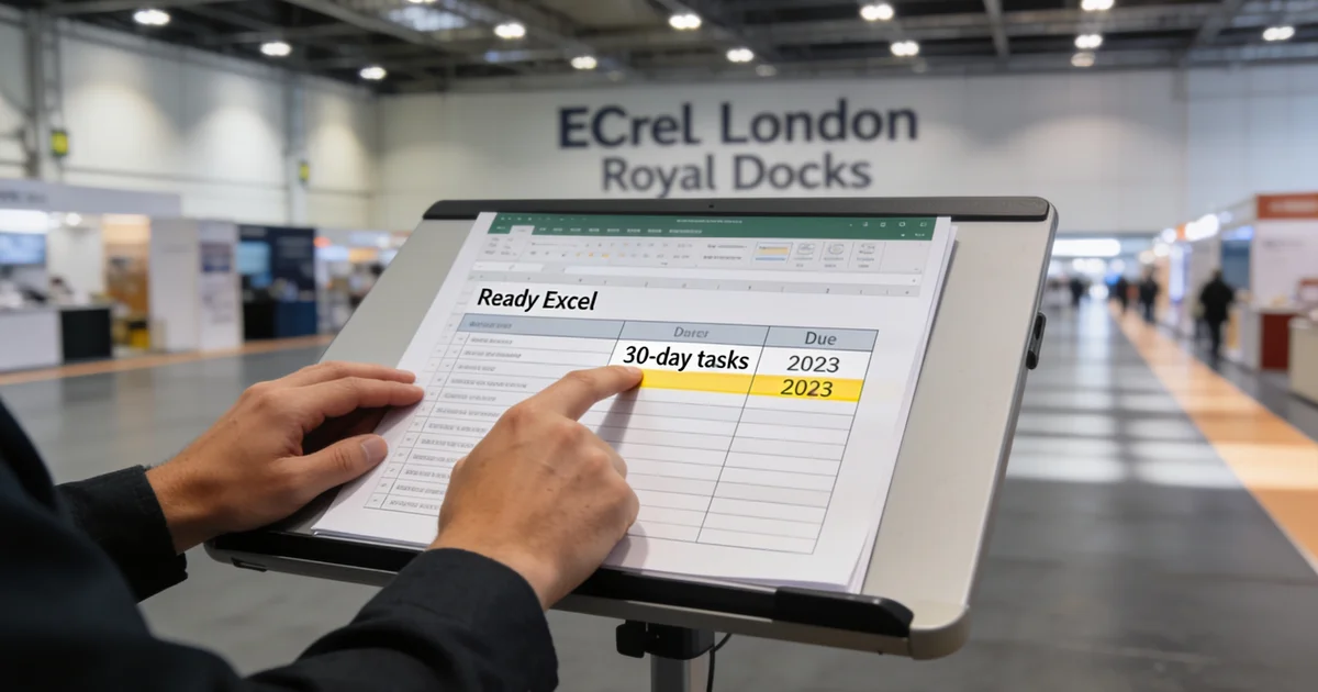 Exhibitor operations lead reviewing a printed trade show checklist PDF beside a laptop spreadsheet