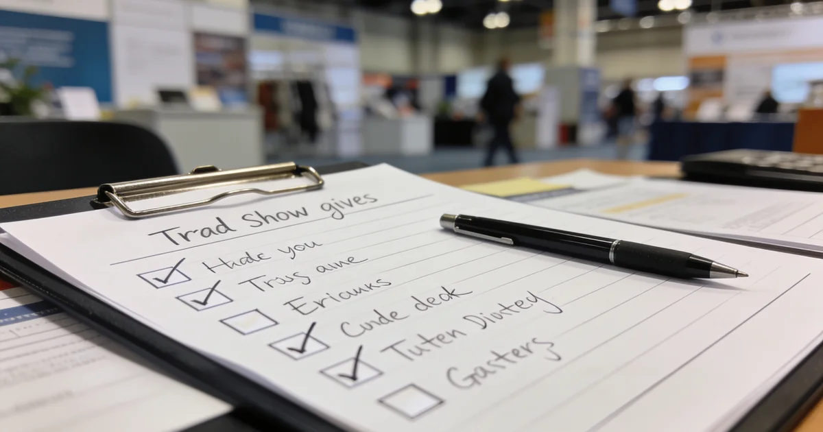 B2B trade show booth with tiered giveaway samples organized by cost band on a back table