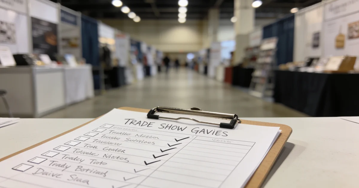Unique B2B trade show giveaways including branded notebook, cable kit, and printed workflow playbook on a demo table
