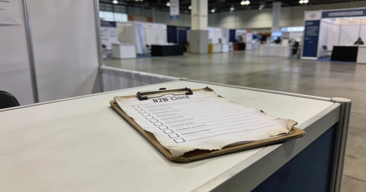 Exhibitor reviewing a lead capture checklist on a laptop with CRM sync status before trade show move-in