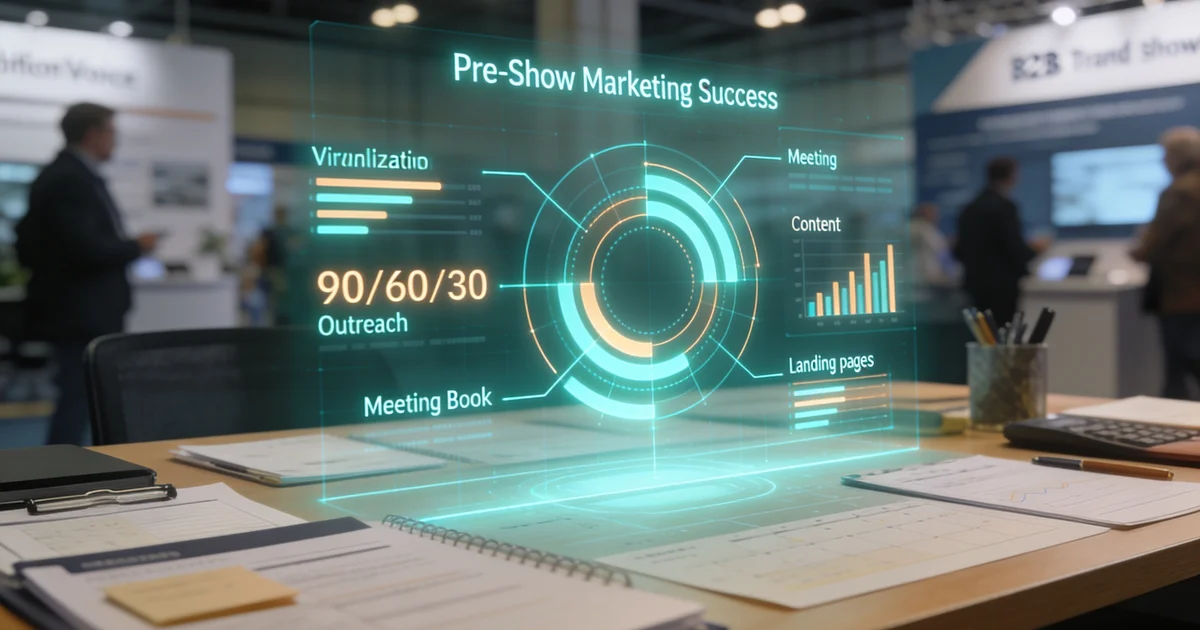 Marketing calendar showing 90 60 30 day pre-show outreach milestones for a B2B trade show