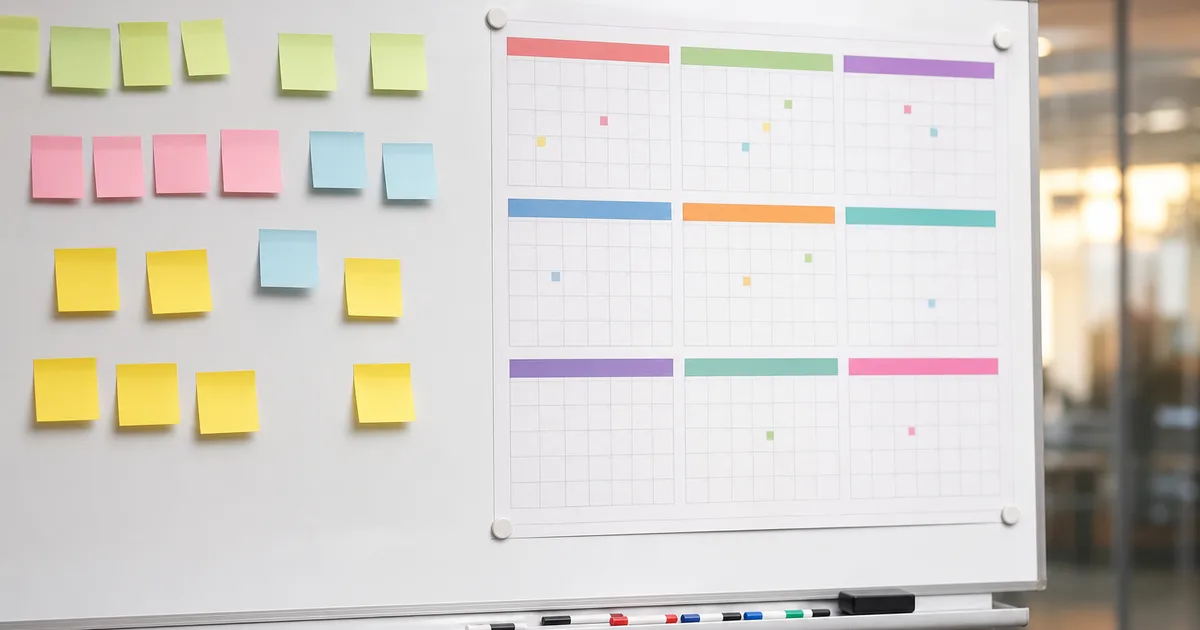 Exhibitor team reviewing a multi-city trade show travel calendar and staffing rotation on a whiteboard