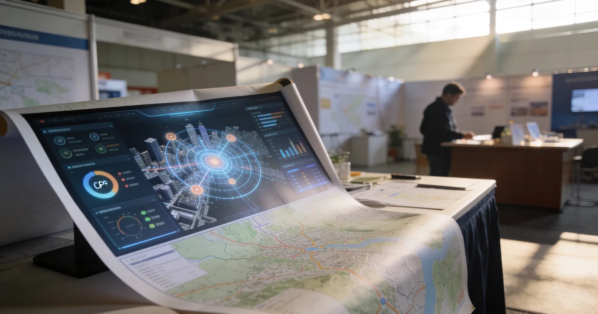 Exhibitor reviewing a regional trade show calendar on a laptop with a US city map and venue pins