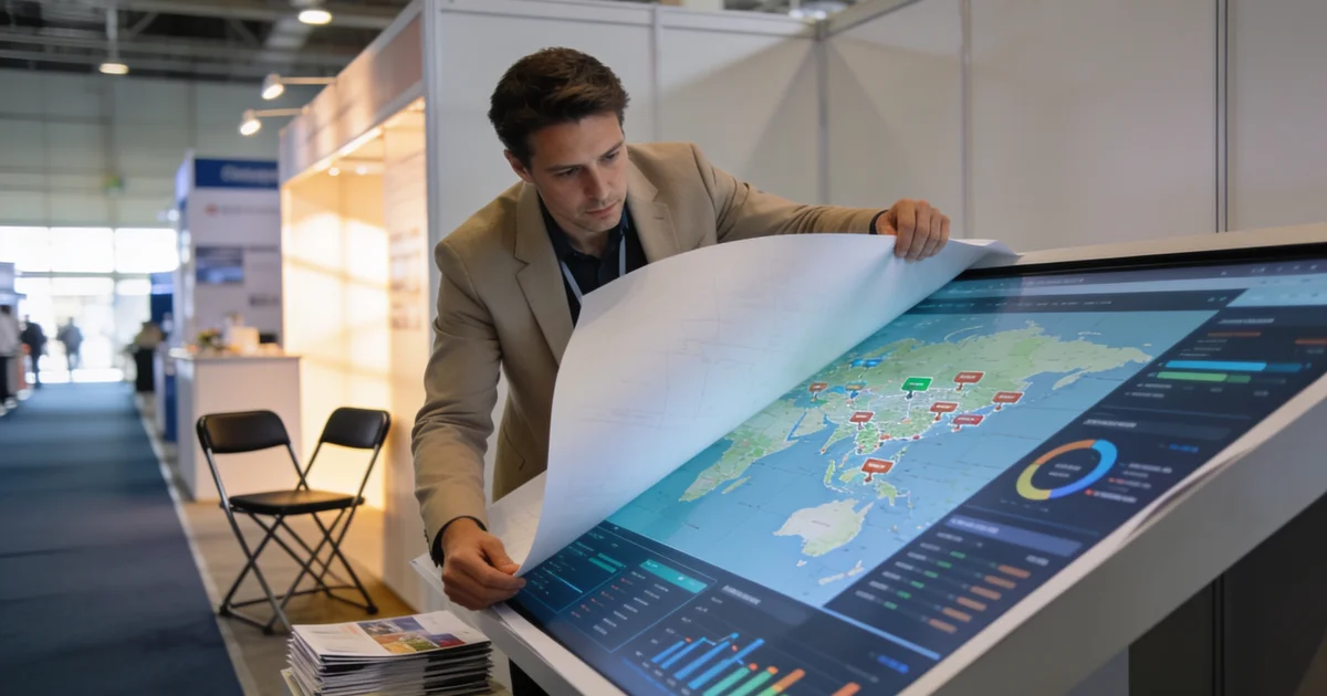 Trade show floor map with highlighted exhibitor booths and travel radius circles from a home city